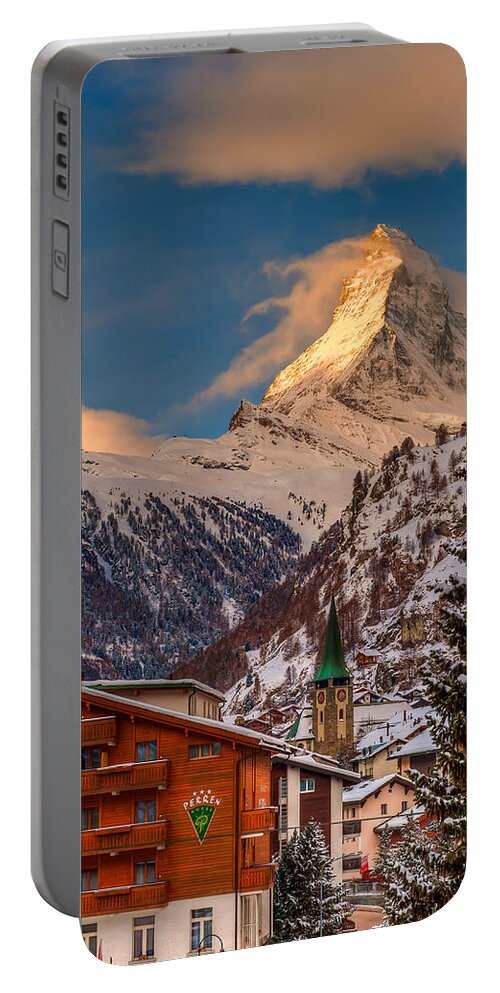 Furggletscher Portable Battery Charger featuring the photograph Village of Zermatt with Matterhorn by Brenda Jacobs