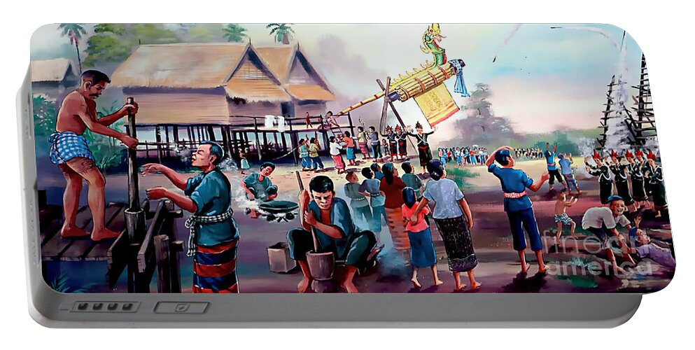 Thailand Portable Battery Charger featuring the painting Village Rocket Festival-Vintage Painting by Ian Gledhill