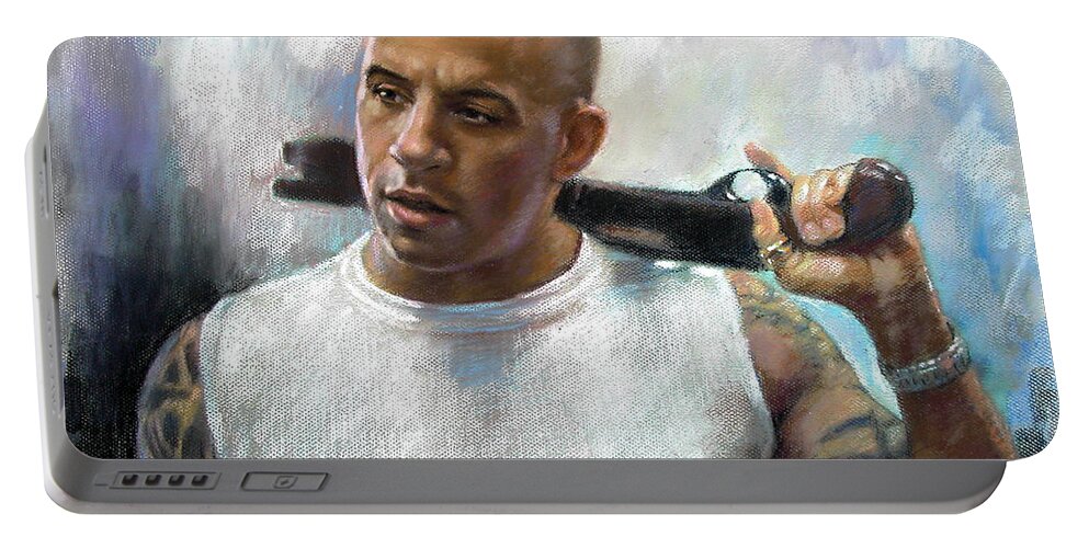 Vin Diesel Portable Battery Charger featuring the pastel Vin Diesel by Ylli Haruni