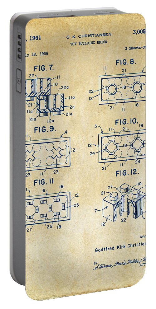 Toy Portable Battery Charger featuring the digital art Vintage 1961 LEGO Brick Patent Art by Nikki Marie Smith