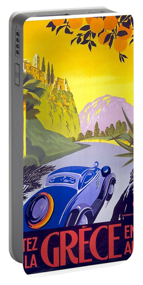 Greece Portable Battery Charger featuring the painting Vintage Blue Car in a countryside landscape in Greece - Vintage Travel Poster by Studio Grafiikka