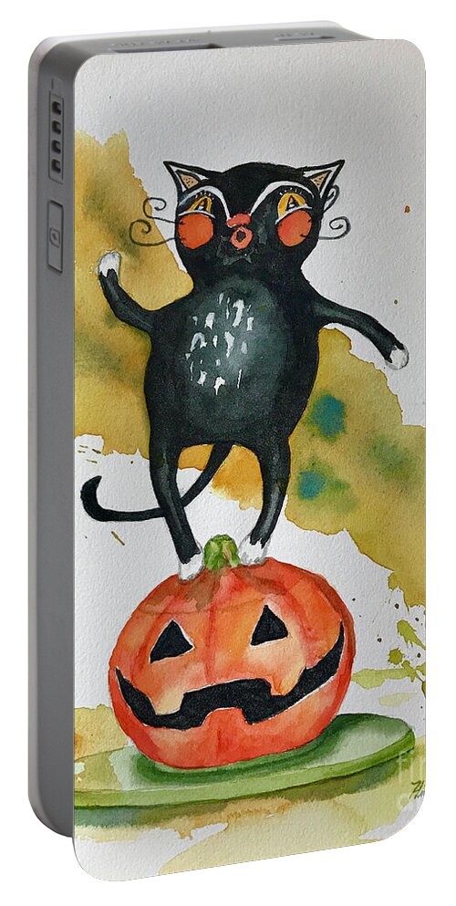 Cat Portable Battery Charger featuring the painting Vintage Halloween Cat by Hilda Vandergriff