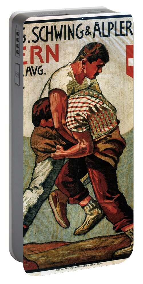Two Men Wrestling Portable Battery Charger featuring the painting Vintage Illustrated Poster - Two Men Wrestling - Schwing and Alplerfest - Bern, Switzerland by Studio Grafiikka