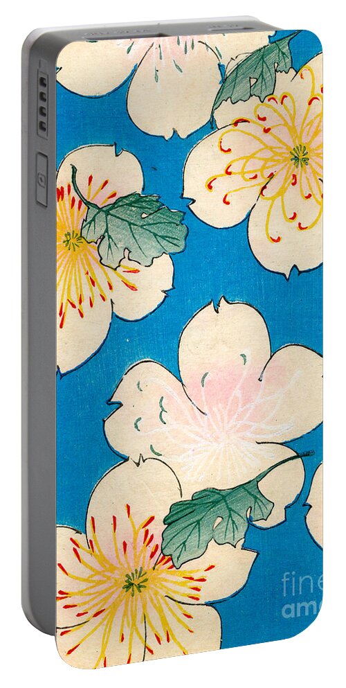 Flower Flowers Floral Petal Petals Blue Background Backdrop Lily Lilies Water Pond Leaf Leaves Green Blue And Cream Dogwood Blossom Blossoms Blossoming Japanese Japan Art Fine Art Asia Asian Woodblock Pattern Patterns Design Textile Designs Textiles Motif Arrangement Motif Style Decor Decorative Motifs Chintz Cushions Cushion Pillow Pillows Duvet Cover Covers Tote Totes Bag Iphone Case Phone Case Far East Eastern East Oriental Vintage Portable Battery Charger featuring the painting Vintage Japanese illustration of dogwood blossoms by Japanese School