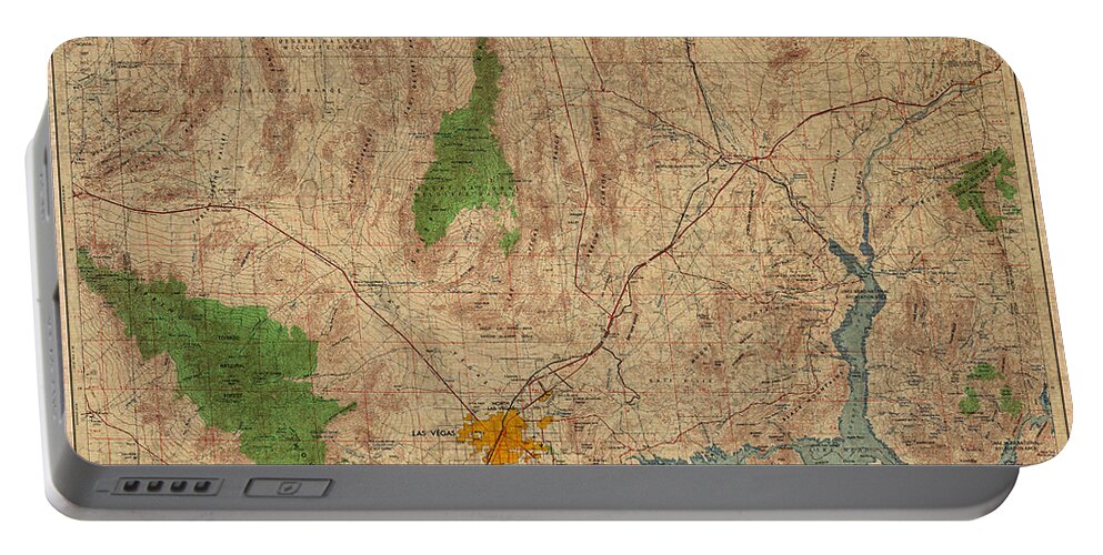 Vintage Portable Battery Charger featuring the mixed media Vintage Map of Las Vegas Nevada 1969 Aerial View Topography on Distressed Worn Canvas by Design Turnpike