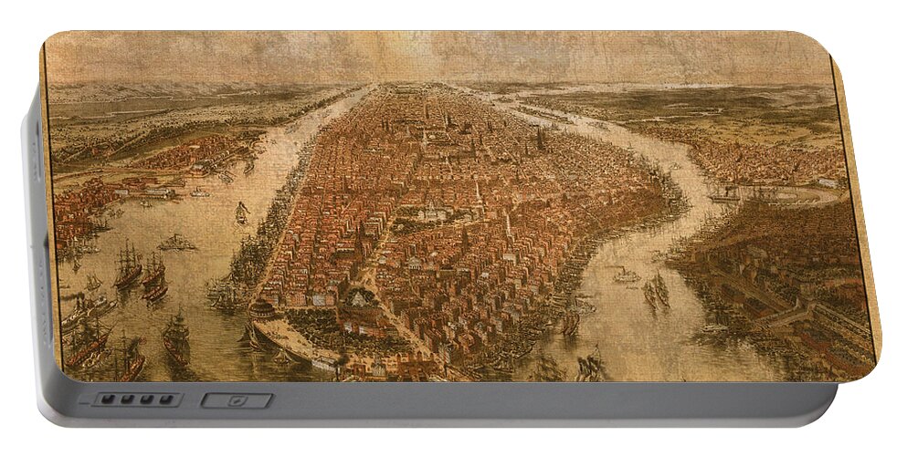 Map Of Manhattan Portable Battery Charger featuring the mixed media Vintage Map of Manhattan New York City NYC Birds Eye View Schematic Circa 1865 on Worn Distressed Canvas by Design Turnpike