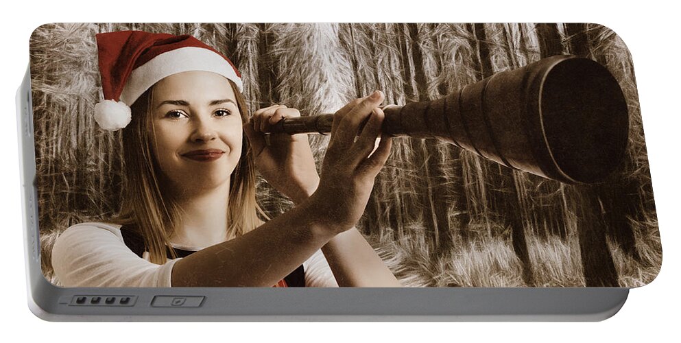 Card Portable Battery Charger featuring the photograph Vintage santa elf searching for Christmas fun by Jorgo Photography