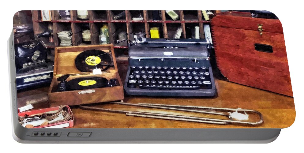 Vintage Portable Battery Charger featuring the photograph Vintage Typewriter and Vinyls by Susan Savad