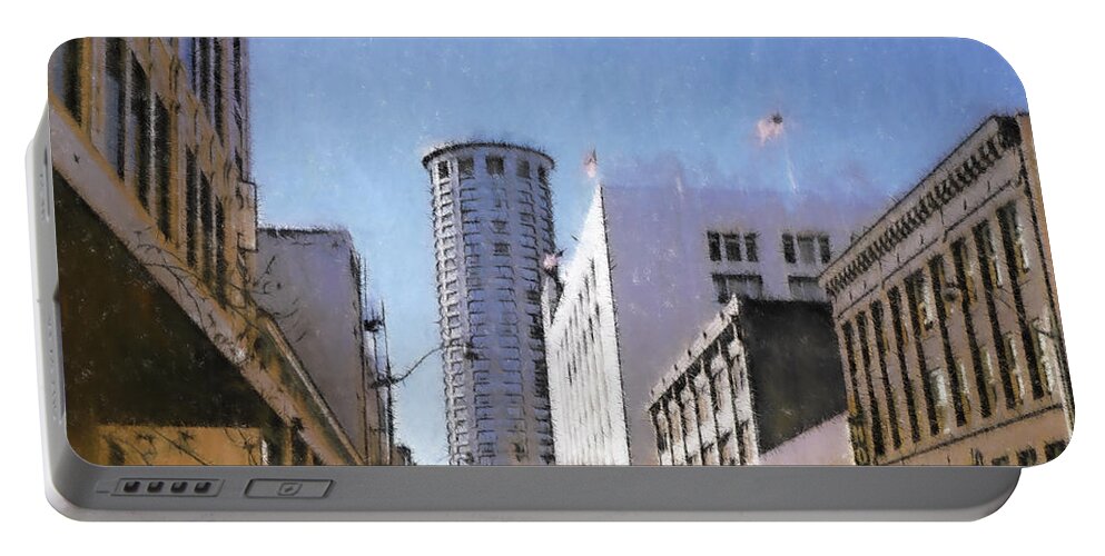 City Portable Battery Charger featuring the digital art Vintage View of Seattle by Cathy Anderson