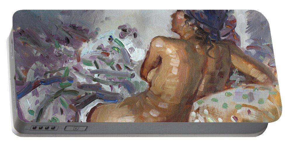 Nude Portable Battery Charger featuring the painting Nude in Violet by Ylli Haruni