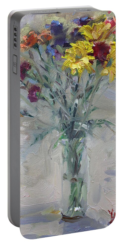Flowers Portable Battery Charger featuring the painting Viola's Flowers by Ylli Haruni