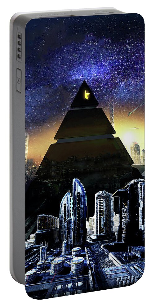 Cyberpunk Portable Battery Charger featuring the digital art Virtual Law City by J Carrell Jones