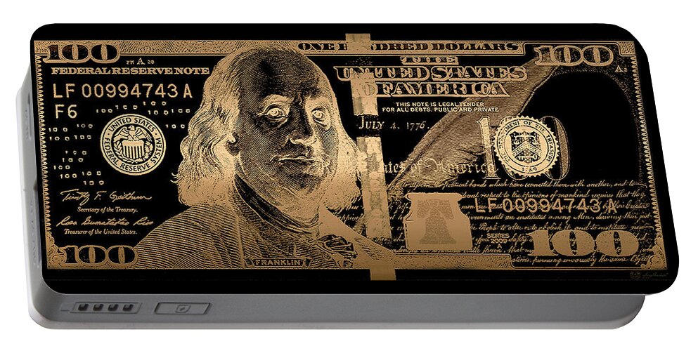 'visual Art Pop' Collection By Serge Averbukh Portable Battery Charger featuring the digital art One Hundred US Dollar Bill - $100 USD in Gold on Black by Serge Averbukh