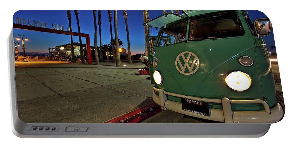 Imperial Beach Portable Battery Charger featuring the photograph Volkswagen Bus at the Imperial Beach Pier by Sam Antonio