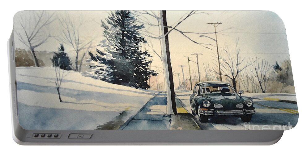Volkswagen Portable Battery Charger featuring the painting Volkswagen Karmann Ghia on snowy road by Christopher Shellhammer