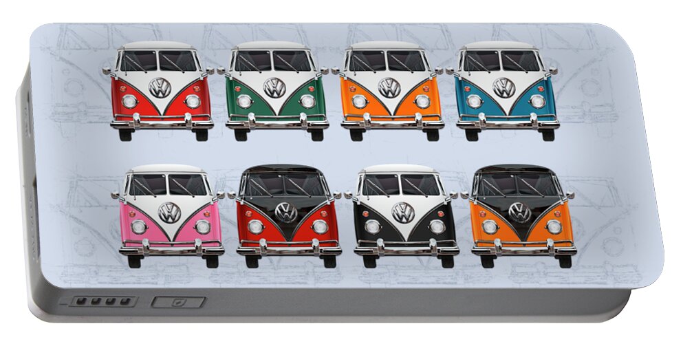 'volkswagen’ Collection By Serge Averbukh Portable Battery Charger featuring the digital art Volkswagen Type 2 - Variety of Volkswagen T1 Samba Buses on Vintage Background by Serge Averbukh