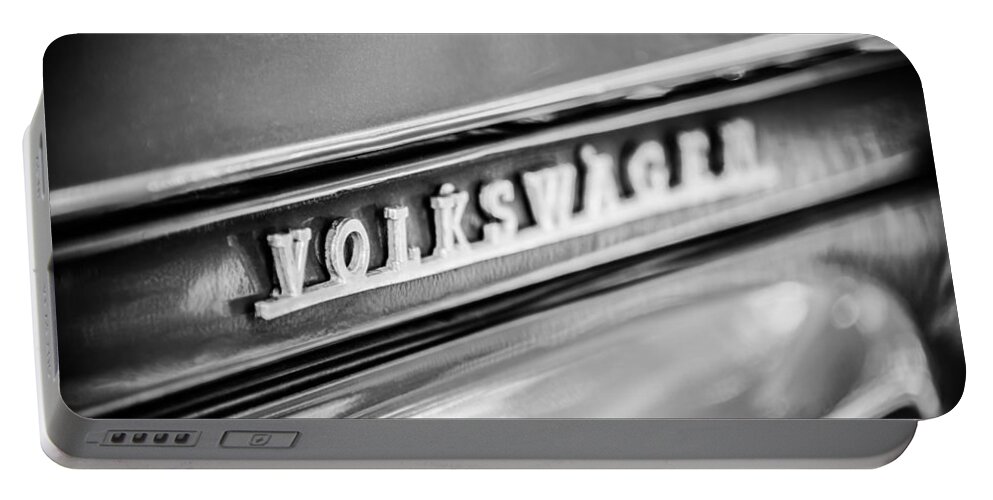 Volkswagen Vw Emblem Portable Battery Charger featuring the photograph Volkswagen VW Emblem -0150bw by Jill Reger
