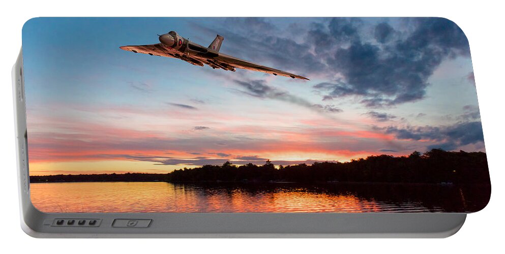 Avro Vulcan Portable Battery Charger featuring the digital art Vulcan low over a sunset lake by Gary Eason