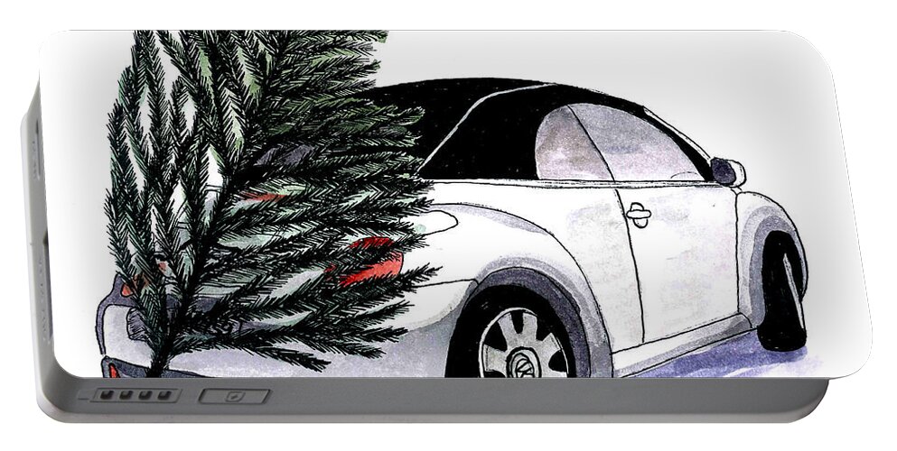 Vw Portable Battery Charger featuring the painting VW beetle Christmas by Petra Stephens