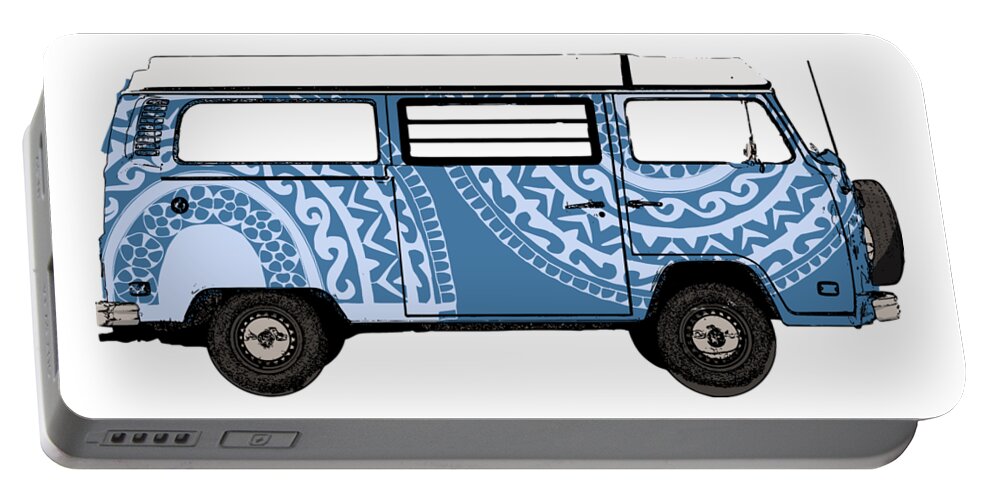 Vw Portable Battery Charger featuring the digital art VW Blue VAN by Piotr Dulski