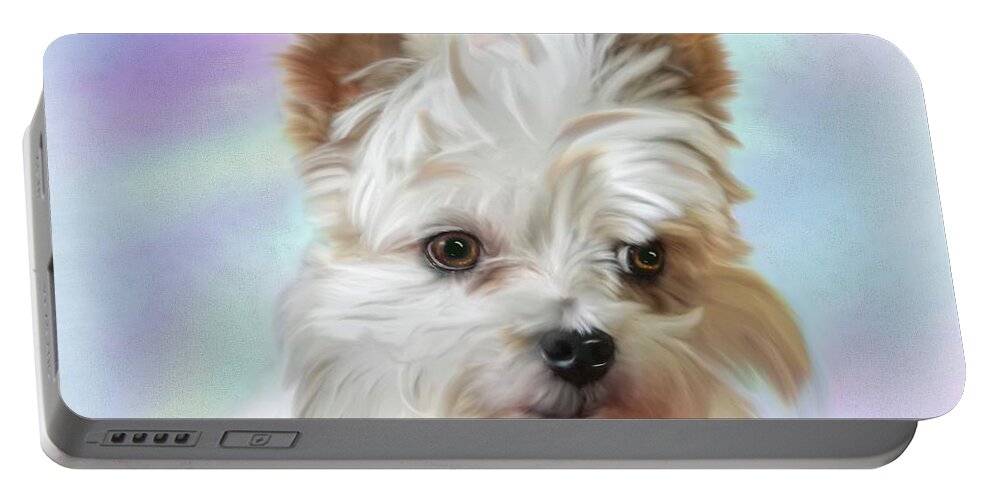 Parti Yorkie Portable Battery Charger featuring the mixed media Waiting for a Cookie by Mary Timman
