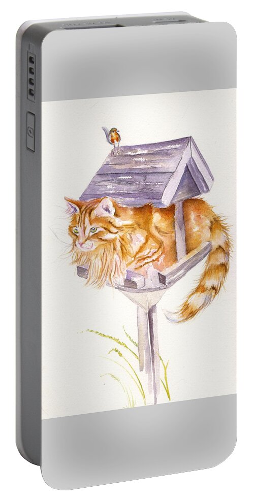 Ginger Portable Battery Charger featuring the painting Waiting for Lunch - long haired Tabby Cat by Debra Hall