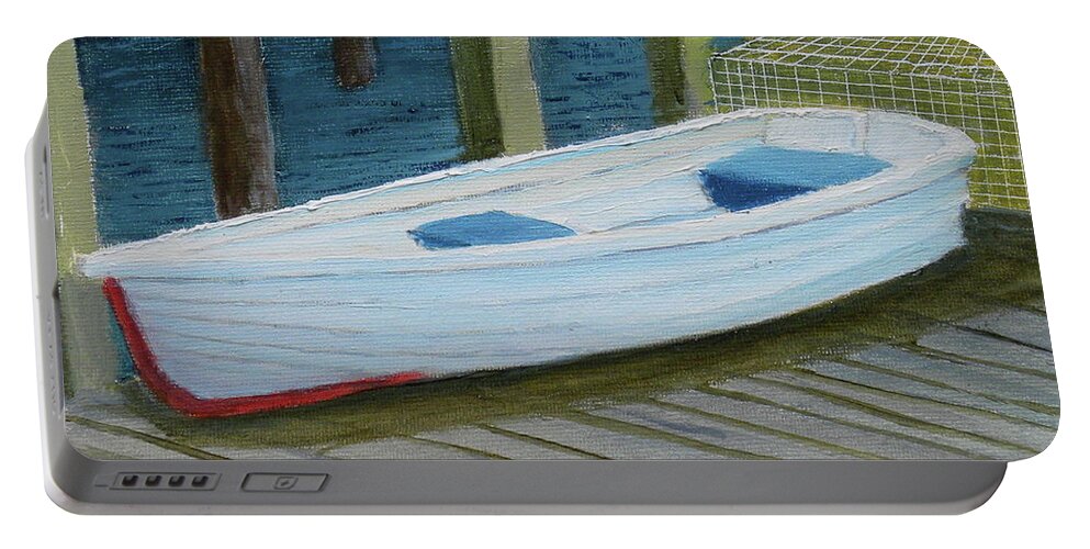 Landscape Seascape Boat Lobster Traps Dock Water Maine Portable Battery Charger featuring the painting Waiting For Work by Scott W White
