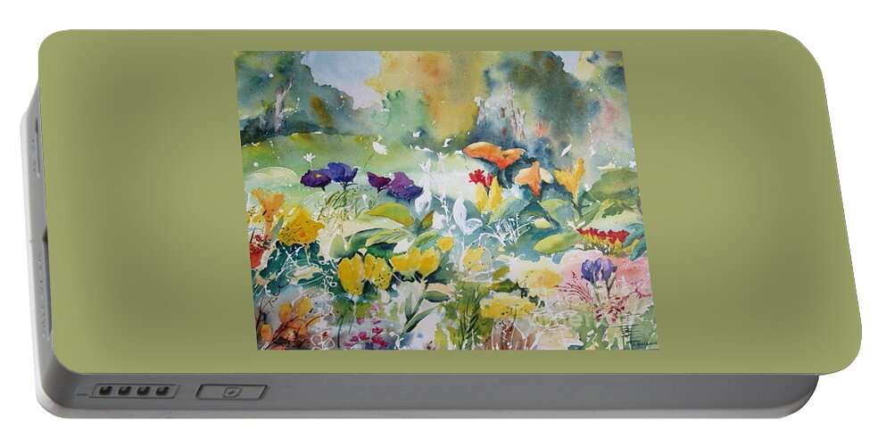 Watercolor Portable Battery Charger featuring the painting Walk In The Park by John Nussbaum