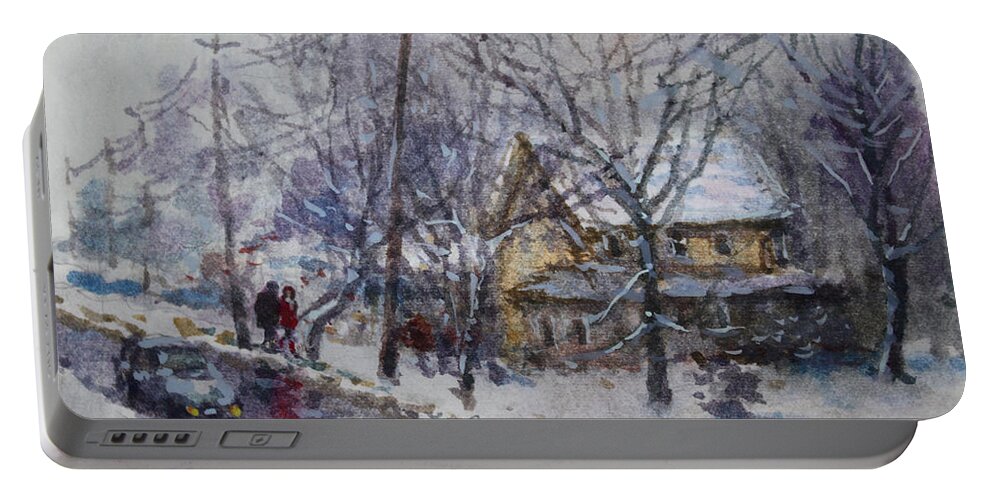Walking Portable Battery Charger featuring the painting Viola and I Walking in the Winter by Ylli Haruni