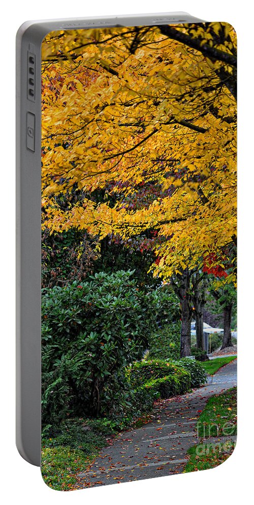 Autumn-colors Portable Battery Charger featuring the photograph Walkway Under A Canopy Of Yellow by Kirt Tisdale