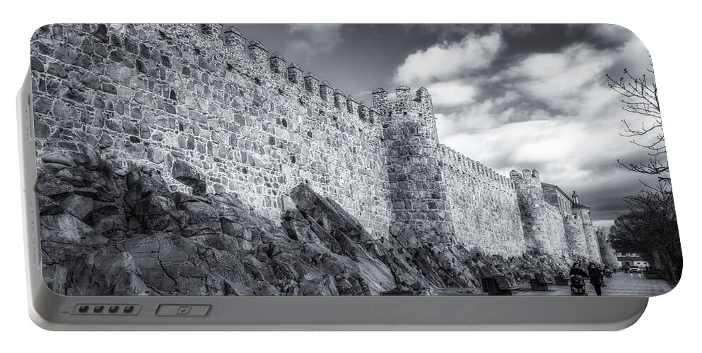 Joan Carroll Portable Battery Charger featuring the photograph Walls of Avila BW by Joan Carroll