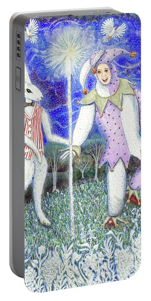 Lise Winne Portable Battery Charger featuring the painting Wand with Magician and Jester by Lise Winne