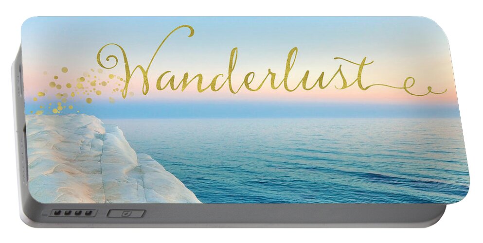 Wander Portable Battery Charger featuring the mixed media Wanderlust, Santorini Greece ocean coastal sentiment art by Tina Lavoie