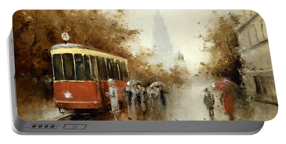 Russian Artists New Wave Portable Battery Charger featuring the painting Warm Moscow Autumn of 1953 by Igor Medvedev