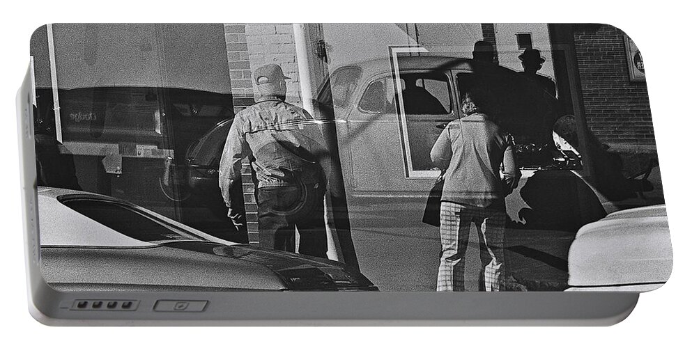 Black And White Portable Battery Charger featuring the photograph Warrensburg, Missouri-1975-reflections by Brian Green