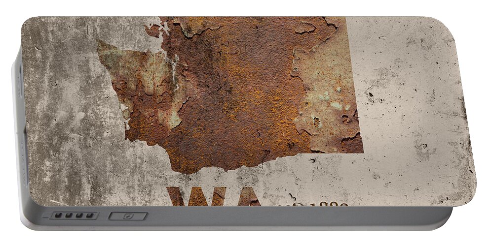Washington Portable Battery Charger featuring the mixed media Washington State Map Industrial Rusted Metal on Cement Wall with Founding Date Series 042 by Design Turnpike