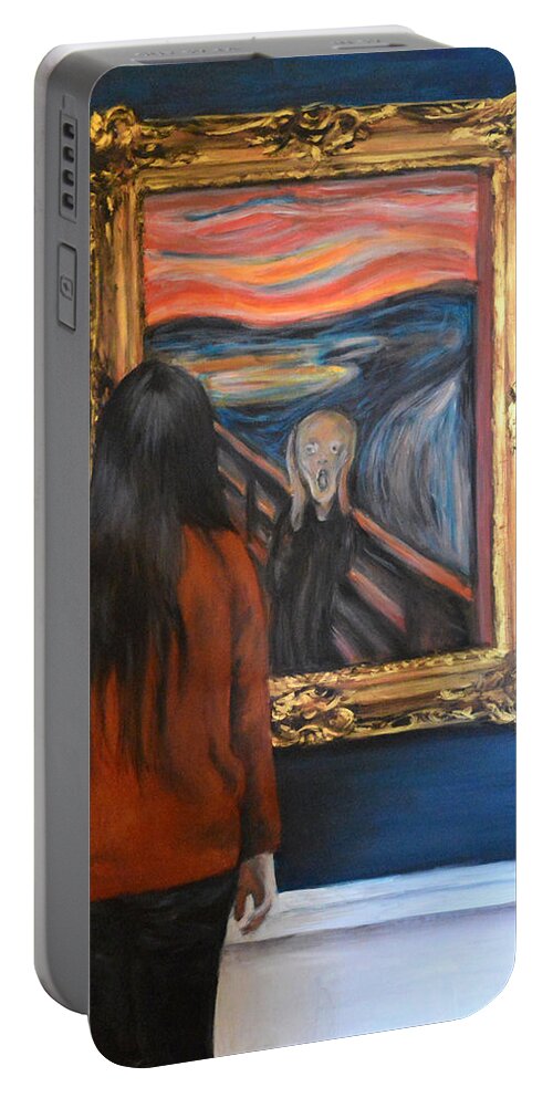 Watching The Scream ( Artist Edvard Munch) Acrylic On Canvas 85x105cm For More Museum Paintings See My Other Work Or Website If You Would Like A Painting Of You Watching Your Favorite Famous Artwork Message Me. Portable Battery Charger featuring the painting Watching The Scream by Escha Van den bogerd