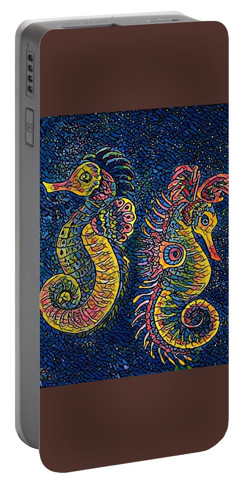 Sea Horses Portable Battery Charger featuring the painting Water horse mosaic by Megan Walsh
