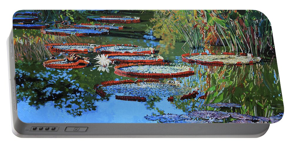 Garden Pond Portable Battery Charger featuring the painting Water Lilies for Amelia by John Lautermilch