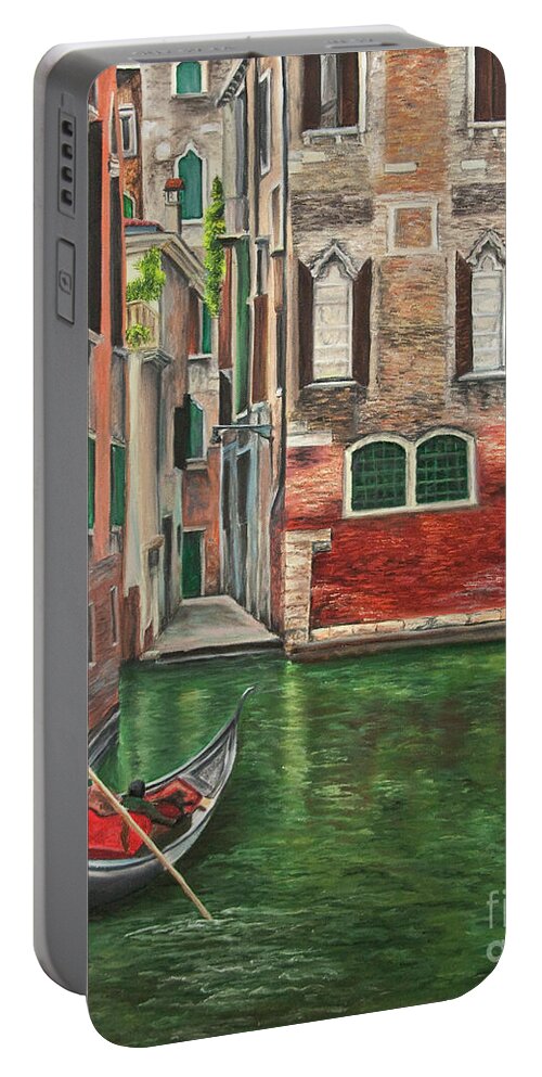 Venice Paintings Portable Battery Charger featuring the painting Water Taxi On Venice Side Canal by Charlotte Blanchard