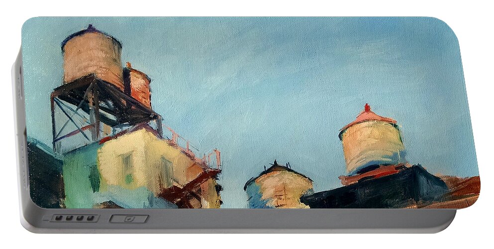 Landscape Portable Battery Charger featuring the painting Water Towers at Sunrise No. 1 by Peter Salwen