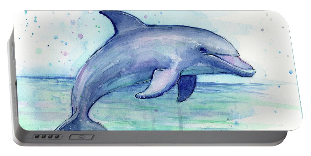 Dolphin Portable Battery Charger featuring the painting Watercolor Dolphin Painting - Facing Right by Olga Shvartsur
