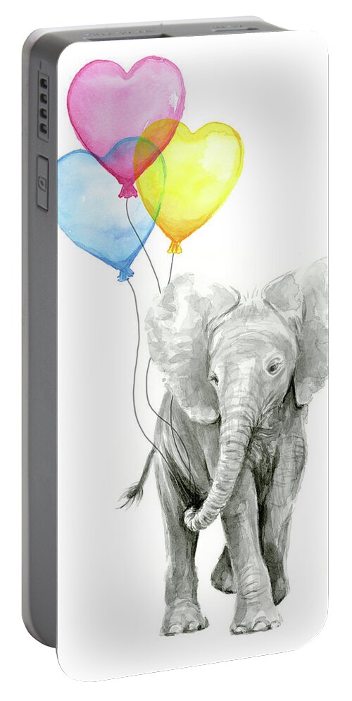 Elephant Portable Battery Charger featuring the painting Watercolor Elephant with Heart Shaped Balloons by Olga Shvartsur