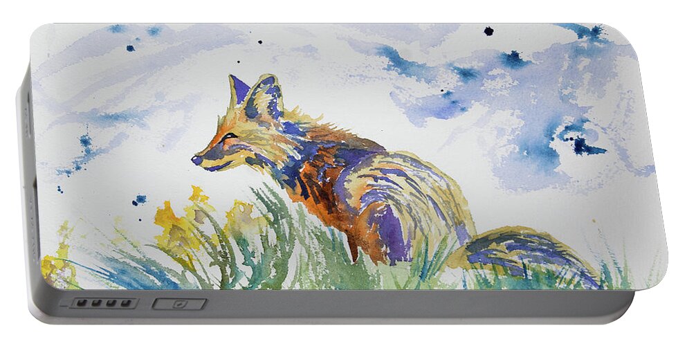 Fox Portable Battery Charger featuring the painting Watercolor - Fox on the Lookout by Cascade Colors