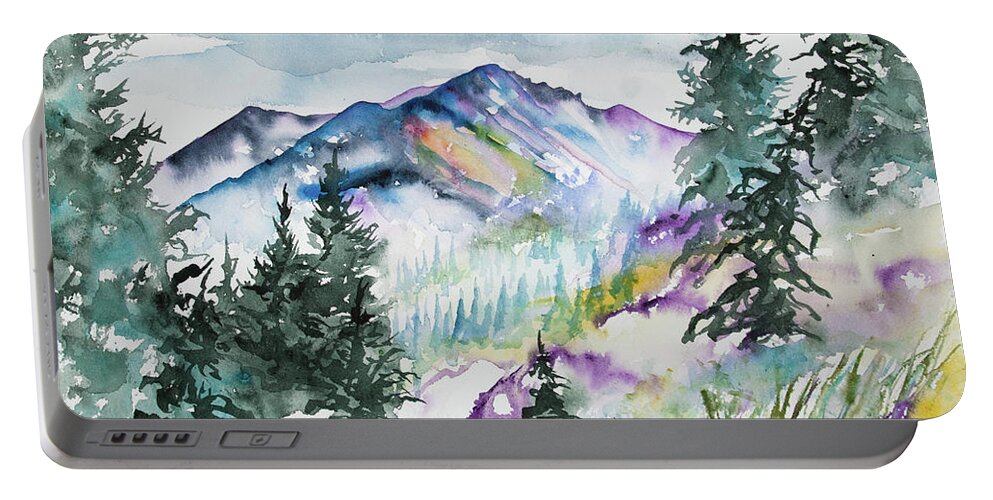 Long's Peak Portable Battery Charger featuring the painting Watercolor - Long's Peak Summer Landscape by Cascade Colors