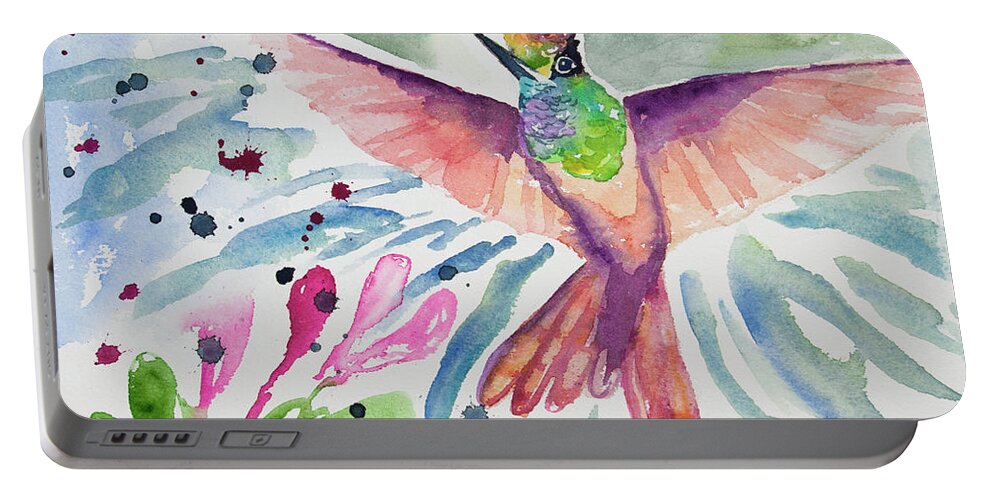 Rainbow Starfrontlet Portable Battery Charger featuring the painting Watercolor - Rainbow Starfrontlet by Cascade Colors