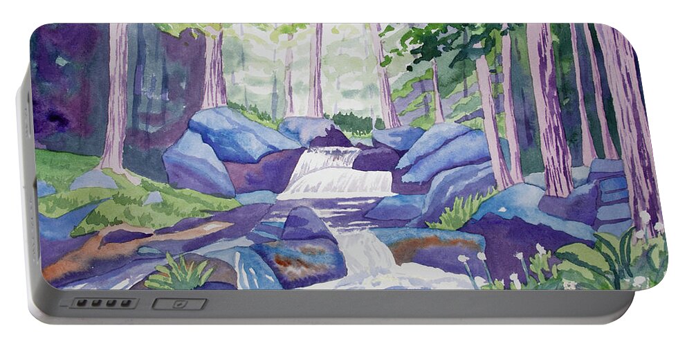 Forest Portable Battery Charger featuring the painting Watercolor - Summer Mountain Forest and Stream by Cascade Colors