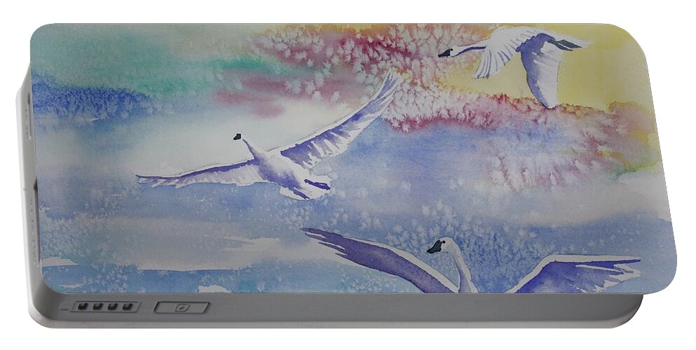 Swan Portable Battery Charger featuring the painting Watercolor - Swan Lake Detail by Cascade Colors