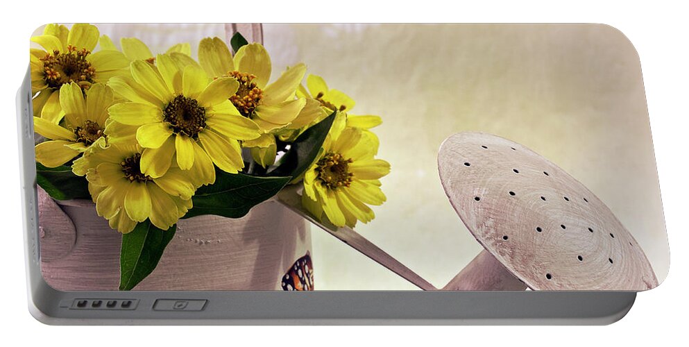 Daisies Portable Battery Charger featuring the photograph Watering Can Daisies by Sandra Foster