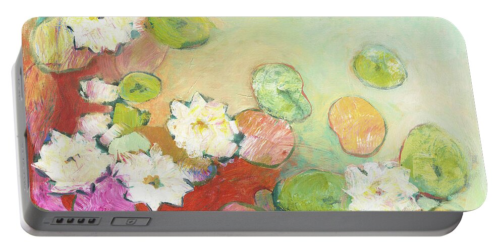 Lilly Portable Battery Charger featuring the painting Waterlillies at Dusk No 2 by Jennifer Lommers
